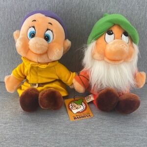 Vintage Disney Seven Dwarfs Two 8" Plush Dolls Bashful Dopey Japan Sun and‎ Star